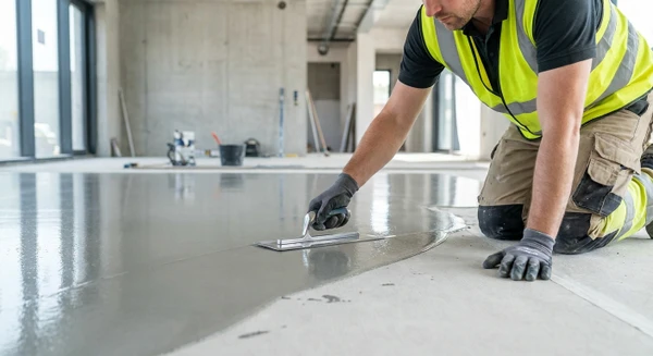 Photographie en gros plan d'un artisan professionnel en équipement de travail (gilet de sécurité, bottes de protection) appliquant une finition en micro-béton, béton ciré ou résine époxy sur une surface de sol intérieur. L'artisan utilise un outil de lissage, une taloche ou un applicateur spécialisé pour créer une surface lisse et uniforme. On voit clairement la matière brillante ou semi-brillante en cours d'application, avec le contrast visuel entre la zone travaillée (finition lisse et brillante) et la zone non encore traitée. L'arrière-plan montre un chantier intérieur avec une structure claire. La composition met en évidence le professionnalisme, la maîtrise technique, le rendu de finition haut de gamme et l'importance de la précision dans l'application de ces revêtements spécialisés.